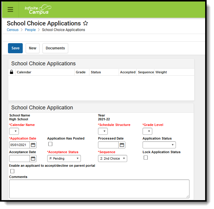 Screenshot of the School Choice Applications tool.