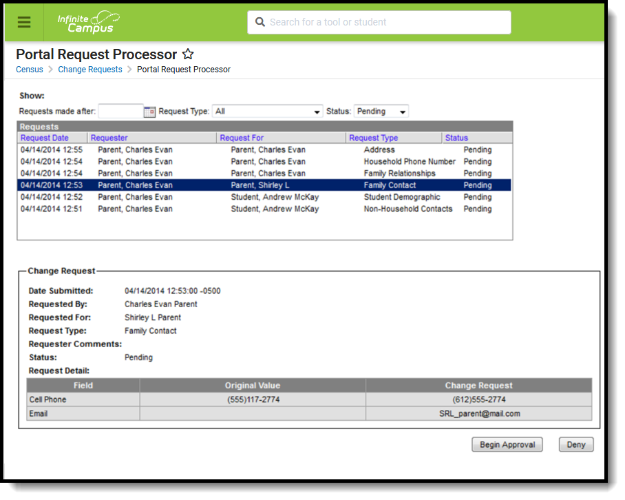 Screenshot of Portal Request Processor - Family Contact Request