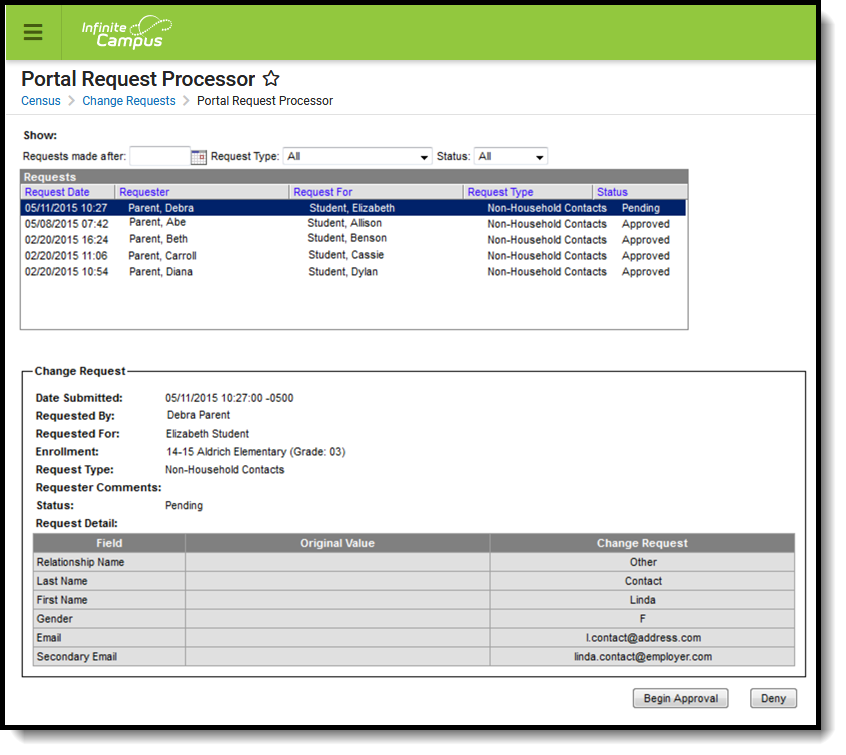 Screenshot of Portal Request Processor - Non-Household Contact Requests