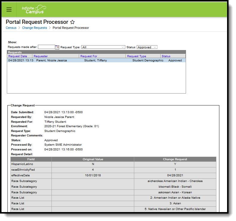 Screenshot of Portal Request Processor Demographic Requests