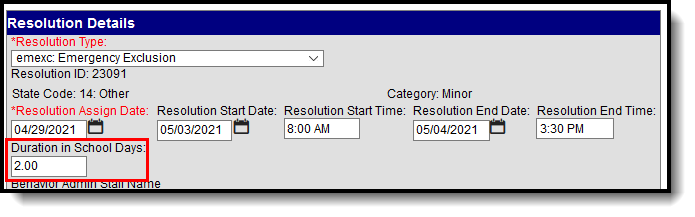 Screenshot of the Duration in School Days field on Behavior Resolutions. 