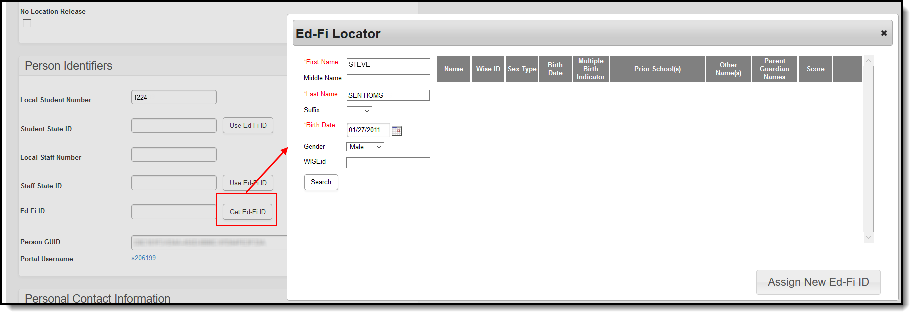 Screenshot of locating the Person's Ed-Fi ID.