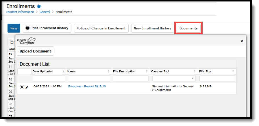 Screenshot of the upload document wizard on the enrollments tool.