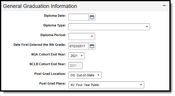 Screenshot of the fields available in the General Graduation Information editor.