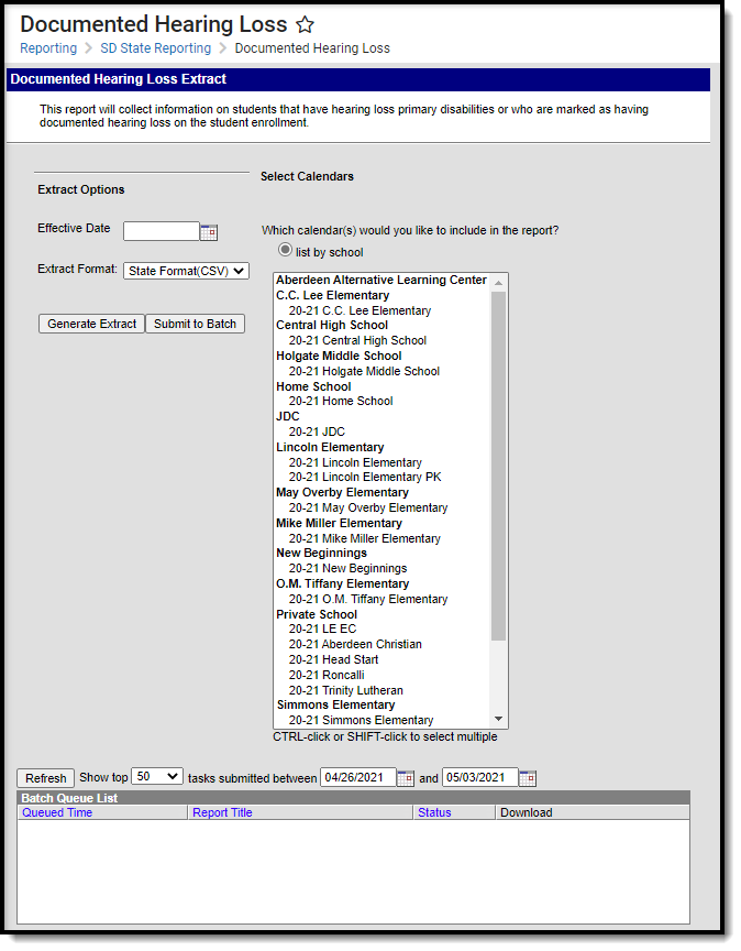 Screenshot of the Documented Hearing Loss extract editor., located at Reporting, SD State Reporting.