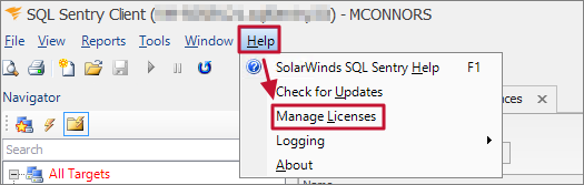 SQL Sentry > Help > Manage Licenses menu options