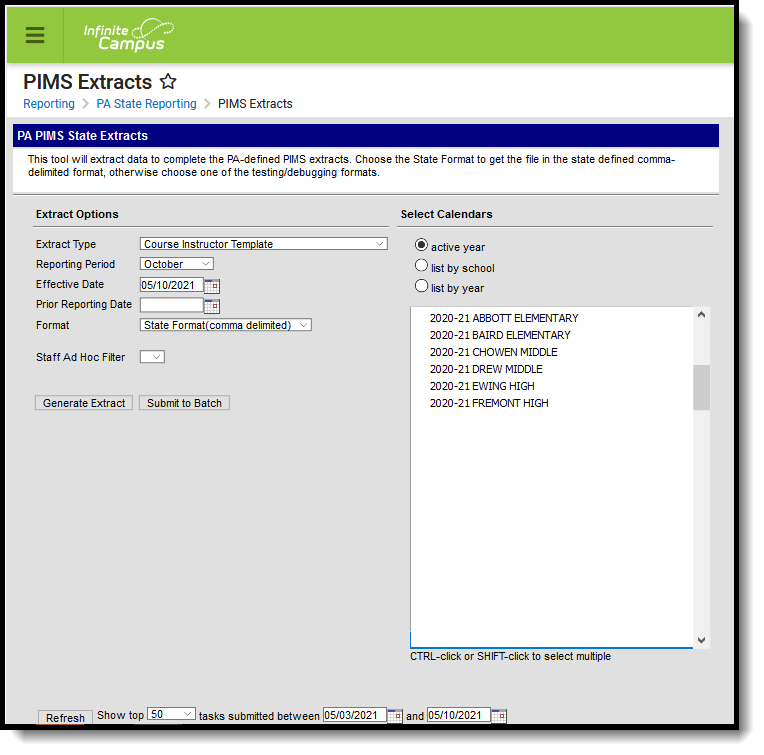 Screenshot of the PIMS Course Instructor Template extract editor.