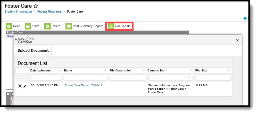 Screenshot highlighting the Foster Care button and the Upload Document window that displays. 