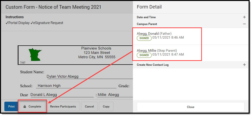 Screenshot of Form Details calling out completed forms. 