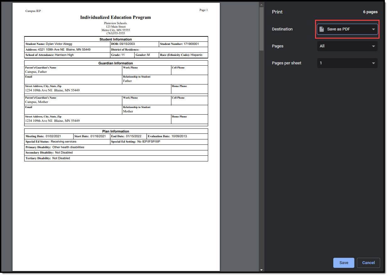 Screenshot of Saving a Special Ed Document as PDF.
