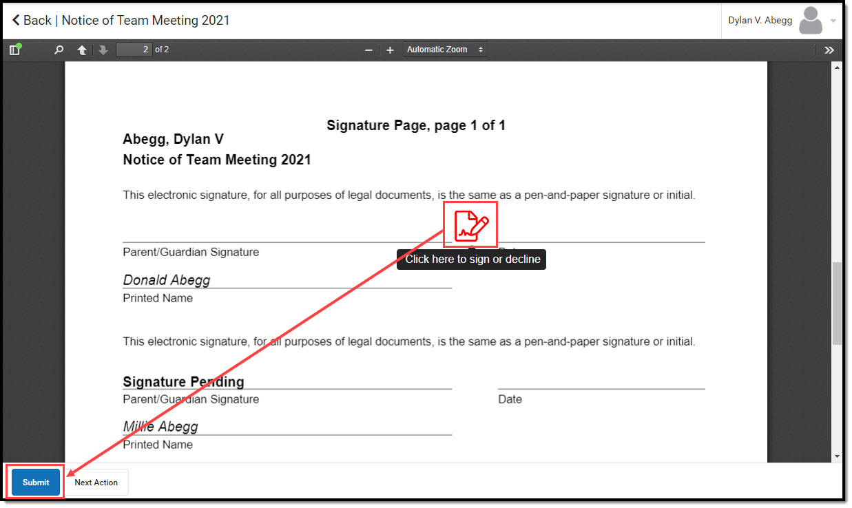 Screenshot highlighting Signature and Submit in Campus Parent and Campus Student.