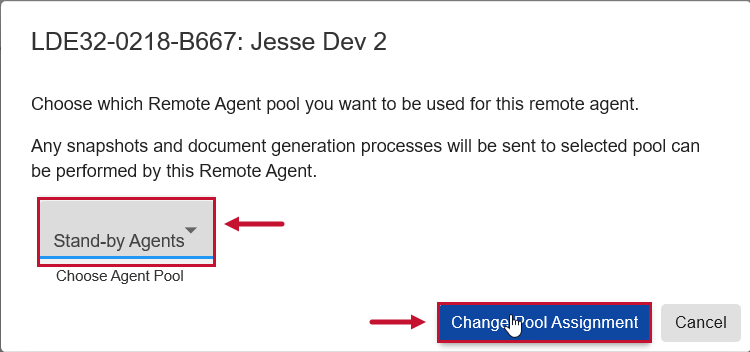 Remote Agent Pool window prompting you to choose an agent pool from the drop-down menu to change pool assignment.
