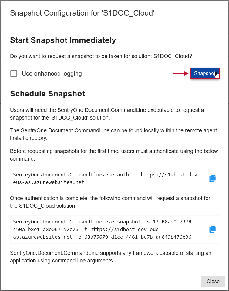 Database Mapper Web Portal Confirm Snapshot Request window