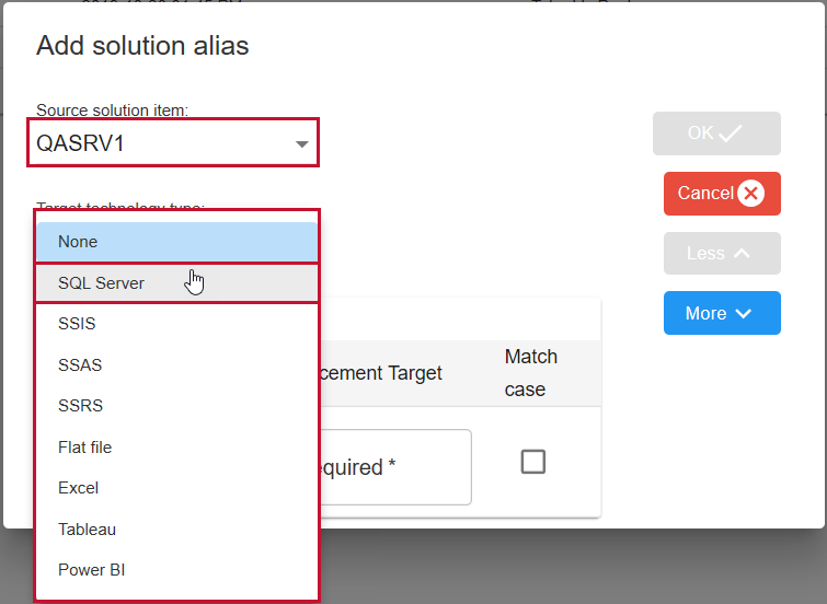 Database Mapper Add solution alias window select Source Solution item and Target technology type