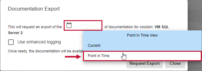 Database Mapper Documentation Export window select Point In Time