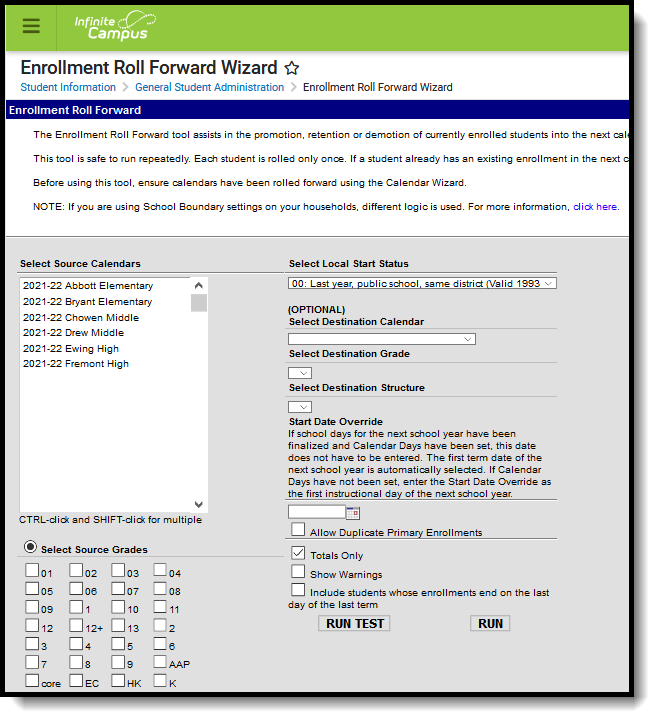 Screenshot of the Enrollment Roll Forward tool. 