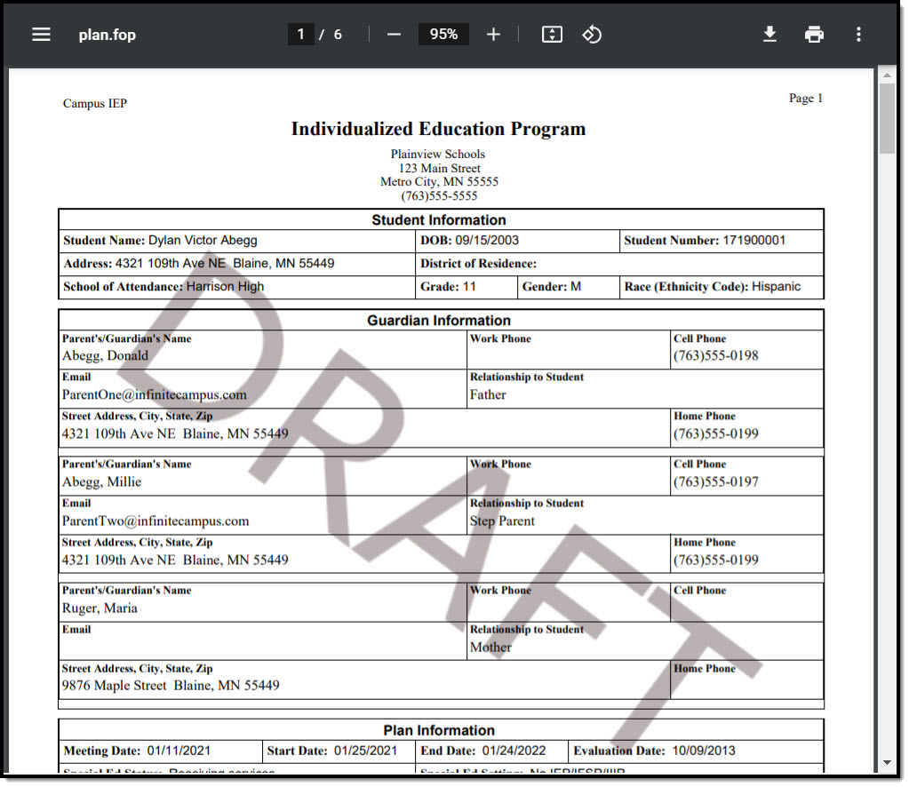 Screenshot of a drafted Special Ed Document with the “Draft’ watermark in PDF format.