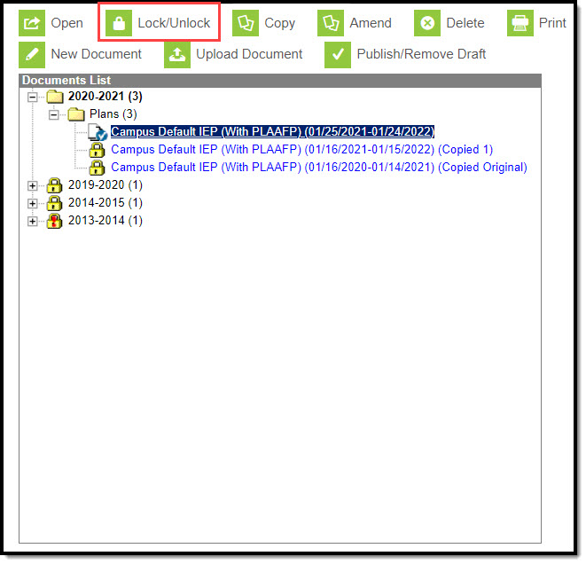 Screenshot of the Special Ed Documents tool highlighting the Lock/Unlock button along the top.
