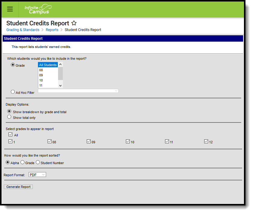 Screenshot of all the options that can be selected when generating the Student Credits report.