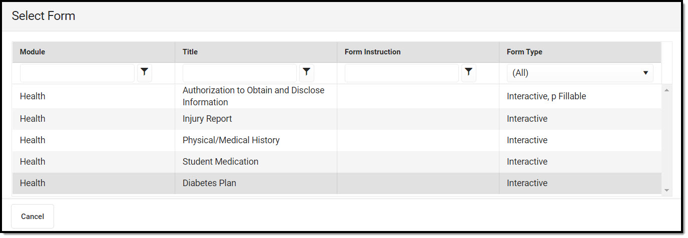 Screenshot of Select Form screen with interactive Diabetes Plan form in the Health module selected.