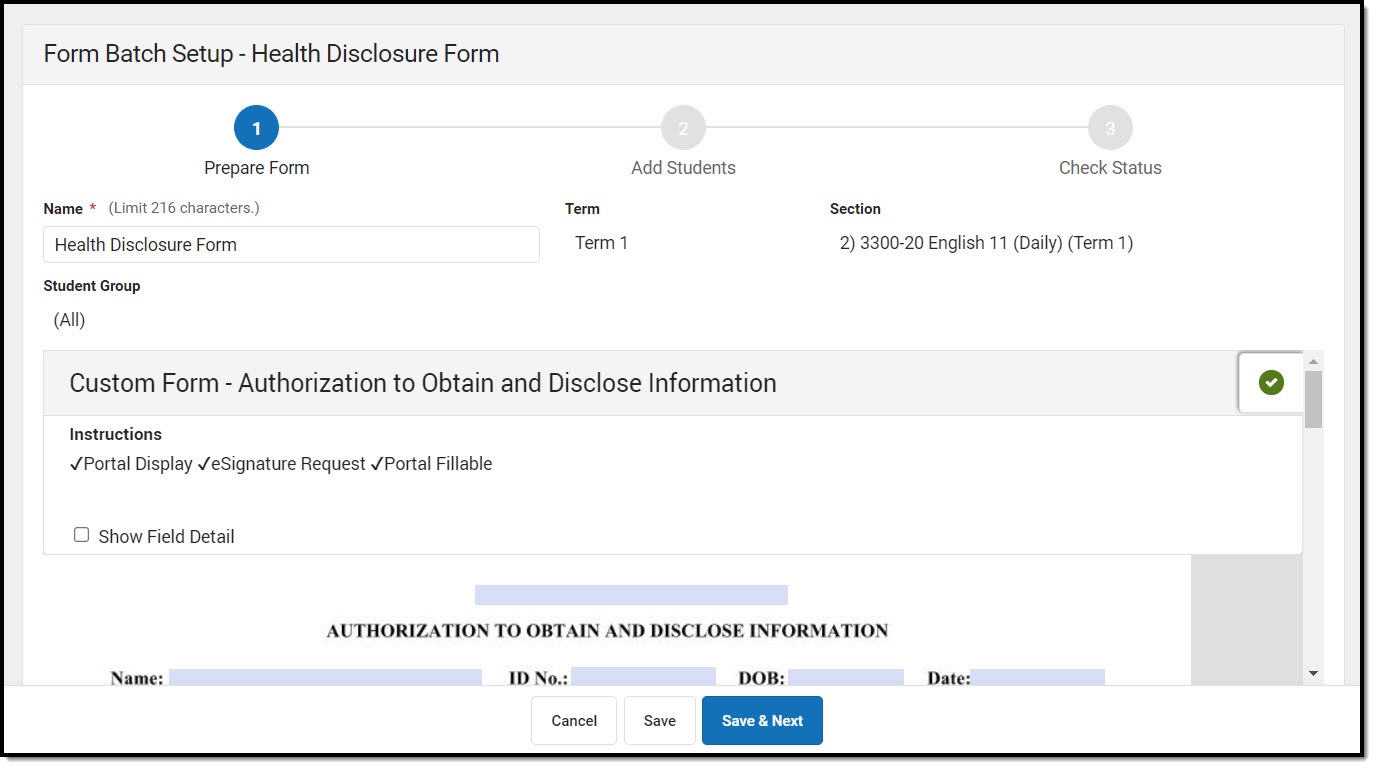 Screenshot showing Step 1 - Prepare Form for a new Health Disclosure form.