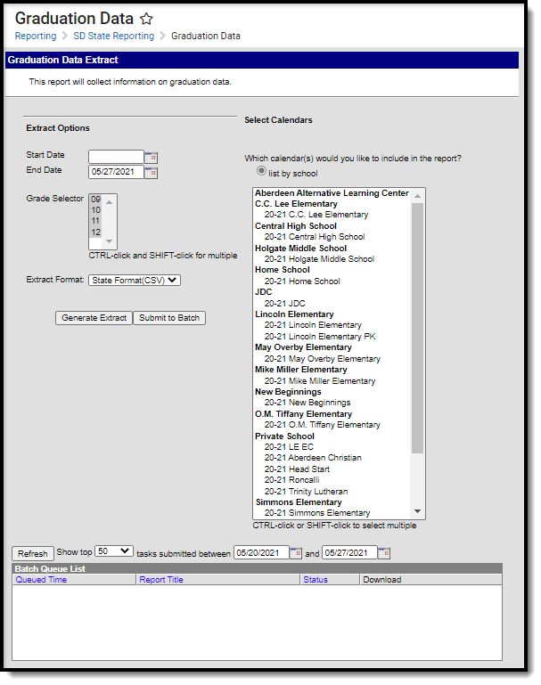 Screenshot of the Graduation Data extract editor.  