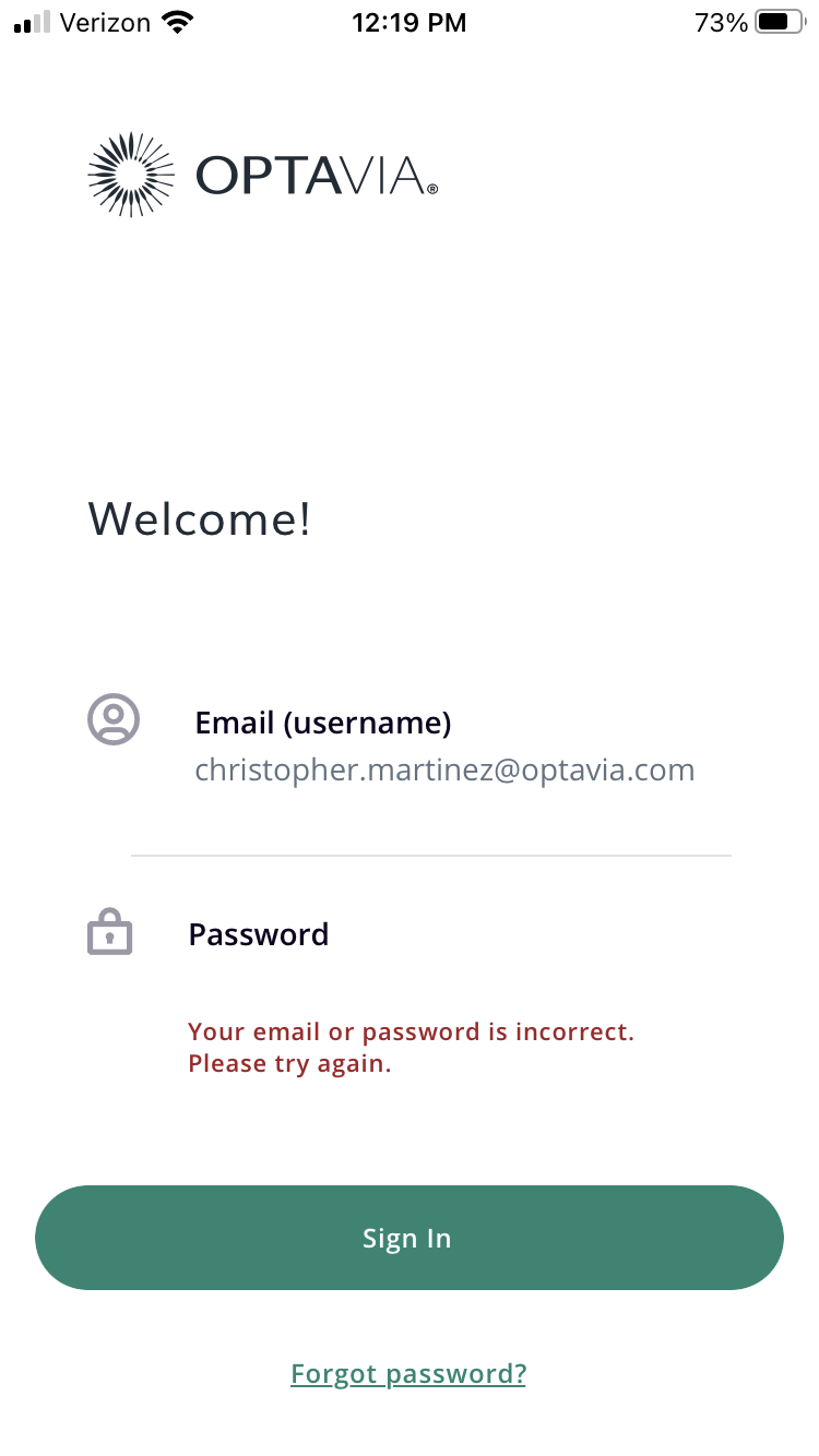 OPTAVIA App error message - 