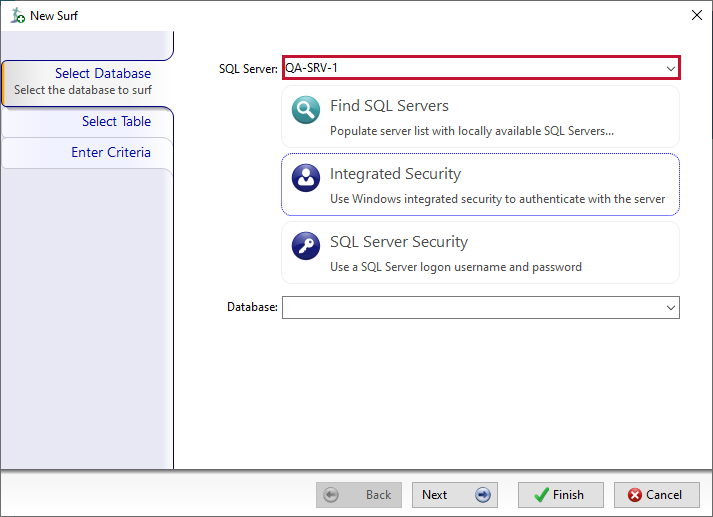 DBA xPress New Surf window select SQL Server