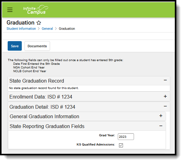 Screenshot of Kansas State Reporting Graduation Fields.
