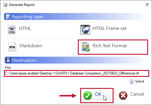 DBA xPress Generate Report window select options