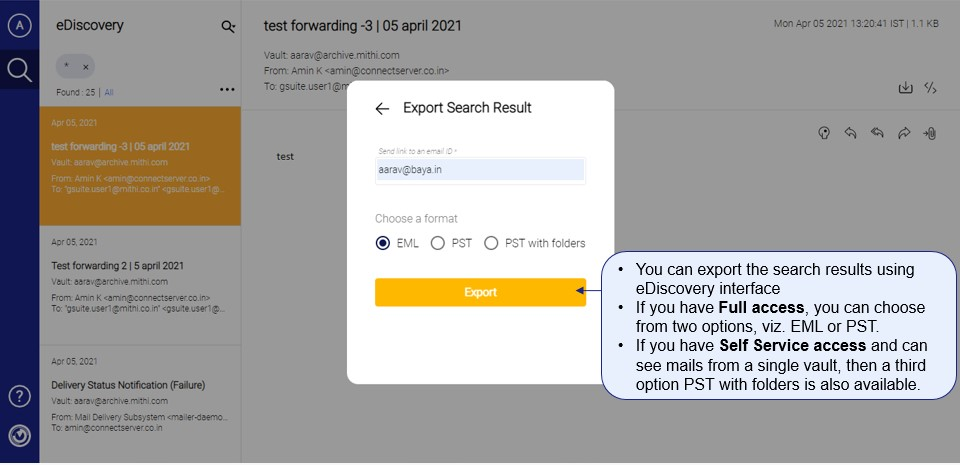 Export Vaultastic search results to a PST with folders