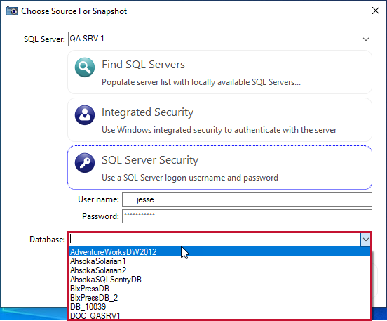 DBA xPress Choose Source For Snapshot enter credentials and database