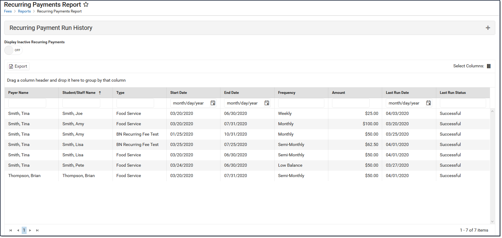 Screenshot of recurring payments report.