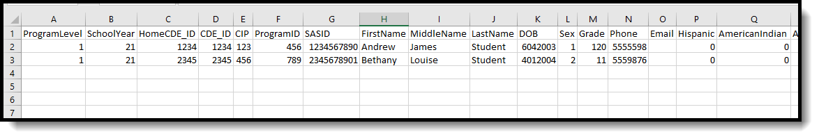 Screenshot of the CSV format of the ve-135 high school layout. 