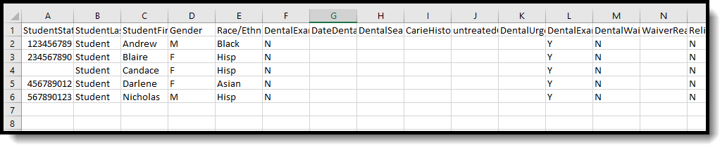 Screenshot of an example of the Dental Exam Detail Type in State Format (CSV).