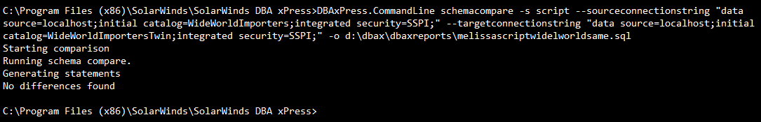 DBA xPress Command Line Schemacompare Script No Differences