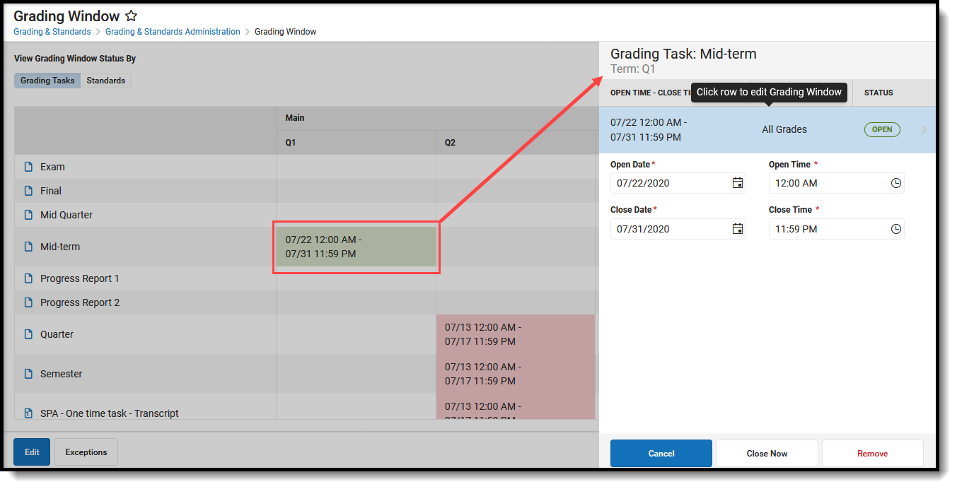 Screenshot showing how to modify or view an existing grading window.