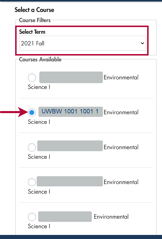 Identifies Select Term option and indicates select Course checkbox