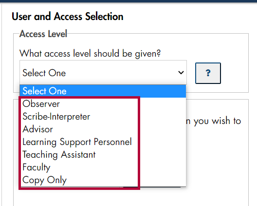 Identifies Access level options on Add a User Form