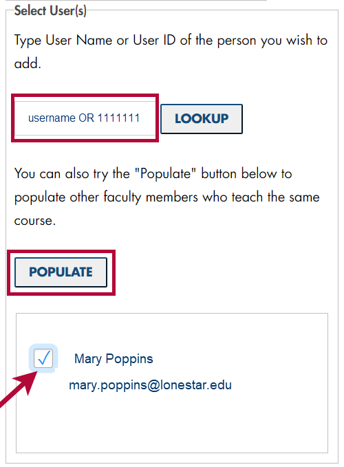 Identifies username or id field, POPULATE button, and indicates checkbox for user selection