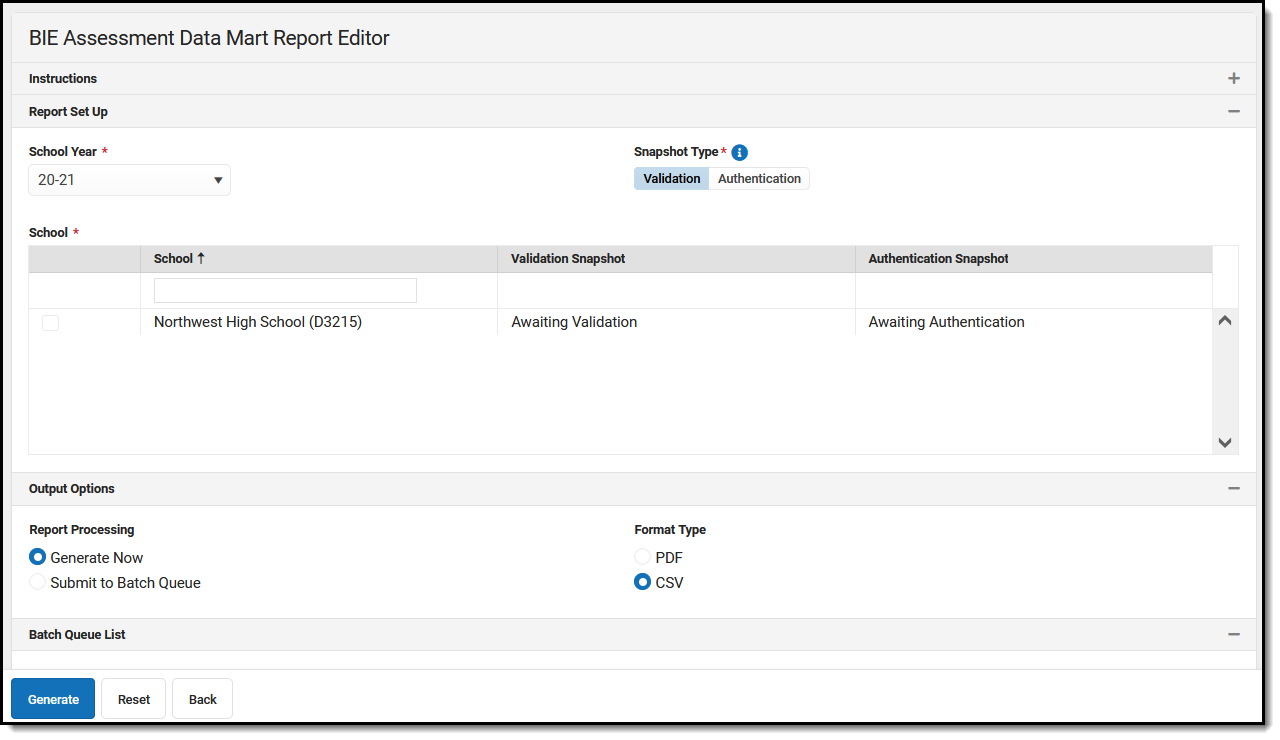 Screenshot of the BIE Assessment Data Mart Report Editor.