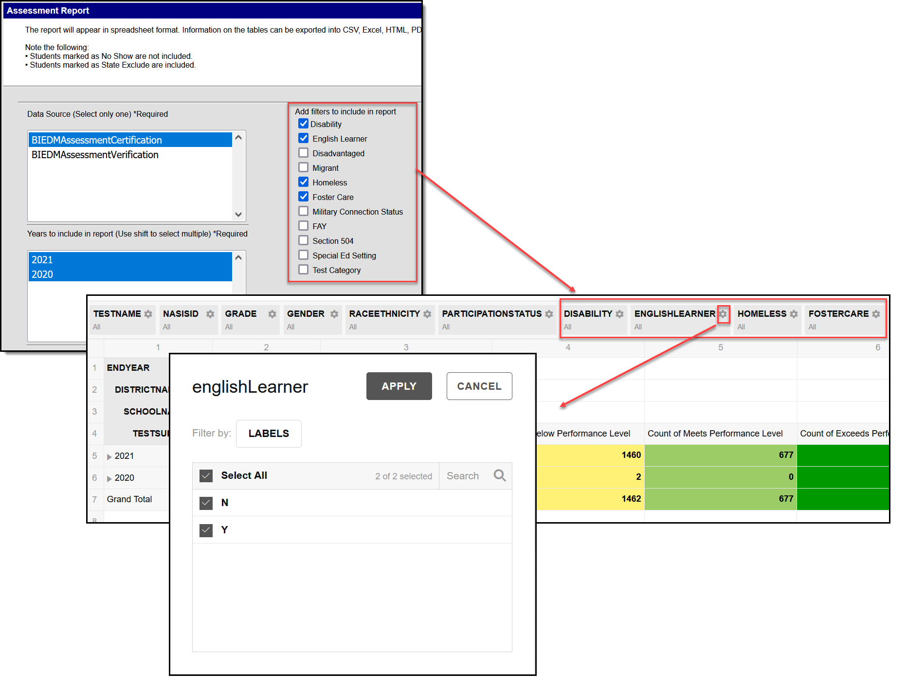 Image of the Assessment Report Editor Filters.