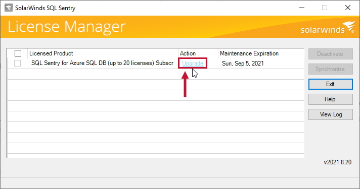 SolarWinds License Manager select Upgrade for license.