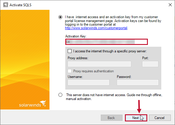 Activate SQLS window enter activation key and select Next.