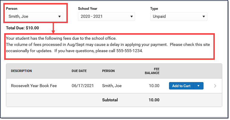 Screenshot of Text entered that displays above the list of Fees on the portal