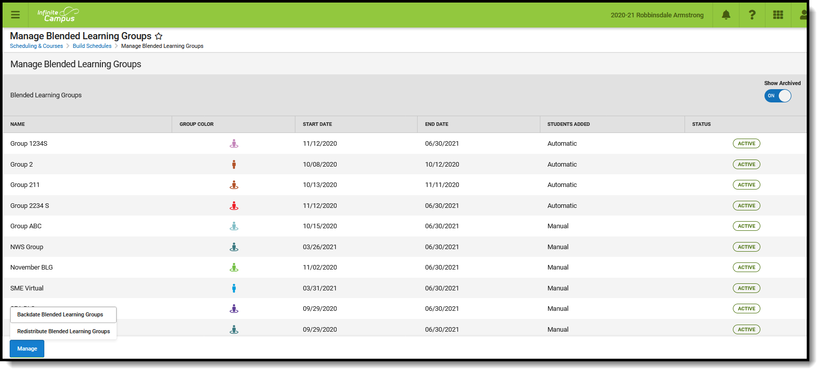 Screenshot of the Manage Blended Learning Groups tool.