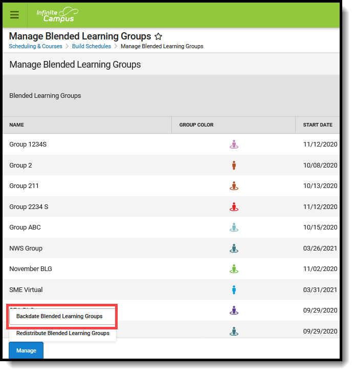Screenshot of the Backdate Blended Learning Groups button.