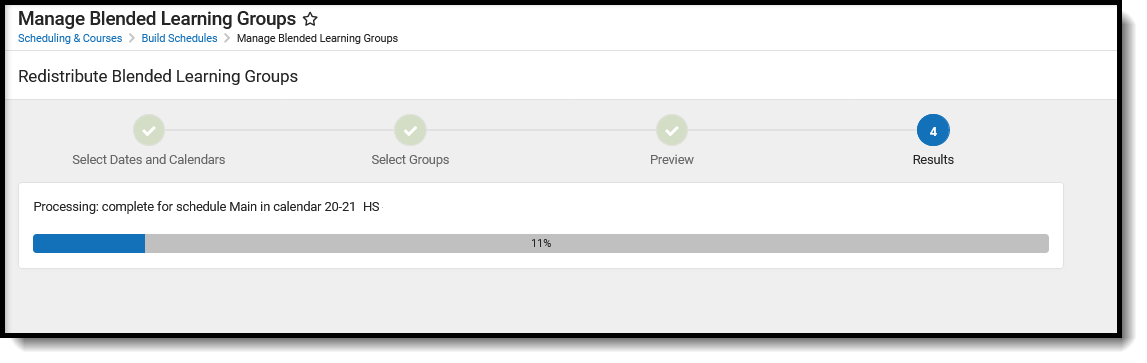 Screenshot of the Redistribute Selected Groups - Progress screen.