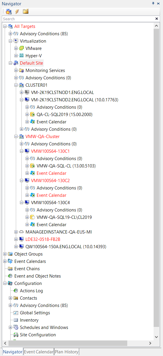 Navigator pane displaying WSFC clusters organized and grouped after the upgrade