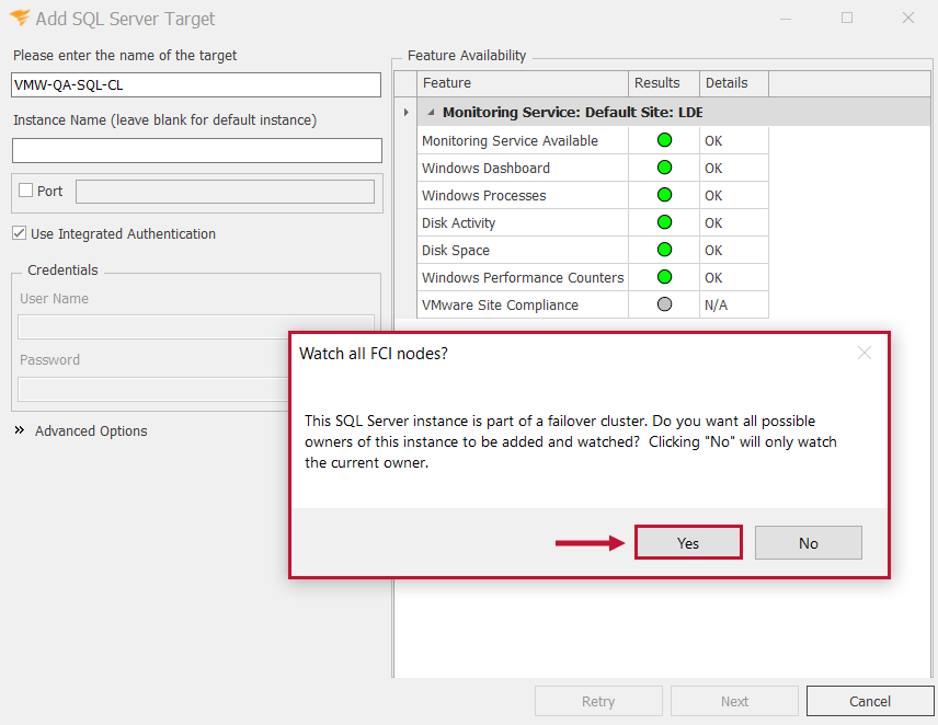 Add SQL Server Target screen with the Watch all FCI nodes prompt